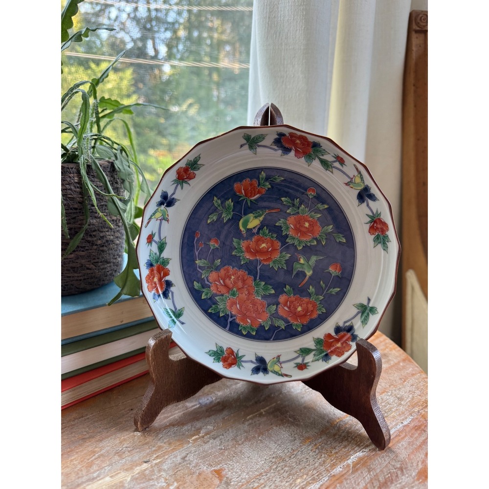 Japanese Porcelain Decorative Plate Blue Orange Peony Bird Scalloped 7.25 Inch